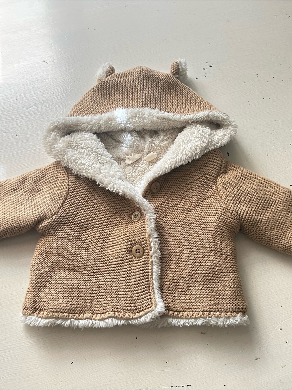 Baby Gap Sherpa lined cardigan button front with ears tan/cream 0-3 mos.